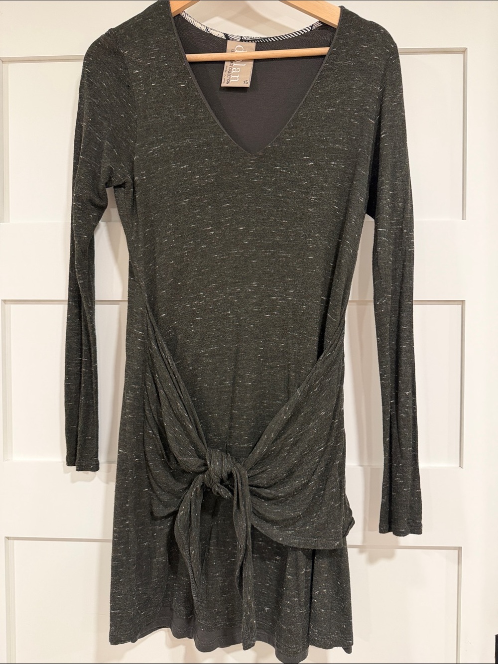 Anthropologie V-Neck Long Sleeve Knot Front Dress - Dark Heather Green